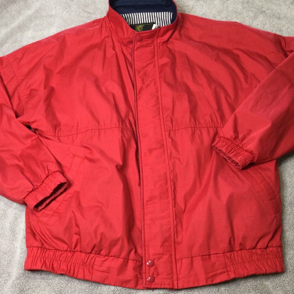 K Products Vintage Mens‎ XL Red Jacket Coat Blue Stripe Lining Snap ZIP